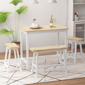 Modern Bar Dining Table Set for 4 All Rubber Wood Kitchen Bistro Counter Height Table Bench Stool for Dining Room Small Space Natural Color & White