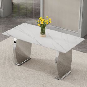 Modern rectangular dining table, 0.4 inch white patterned top, silver legs, suitable for kitchen, dining room