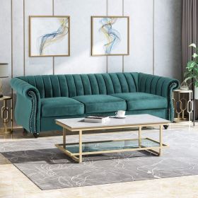 84-Inch Teal 3-Seater Velvet Sofa – Button Tufted with Nailhead Trim, Curved Backrest, and Rolled Arms