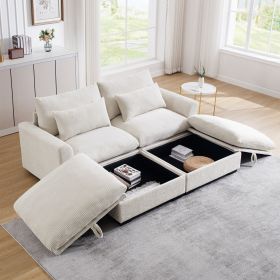 Corduroy Two-Seater Sofa with 2 Storage Footrest, 2 Seater Sectional deep seat sofa,Comfy Couches for Living Room ,Beige Sofa