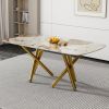 A modern minimalist rectangular dining table with a 0.39-inch Imitation marble patterned glass tabletop and gold-plated metal legs