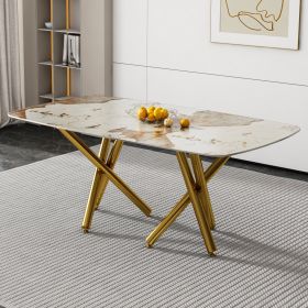 A modern minimalist rectangular dining table with a 0.39-inch Imitation marble patterned glass tabletop and gold-plated metal legs