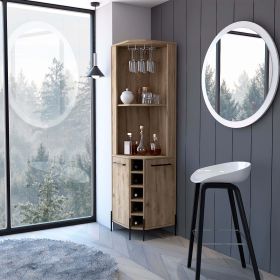 Reese Corner Bar Cabinet; Two Shelves; Double Door Cabinet; Five Built-in Wine Rack; Four Interior Shelves