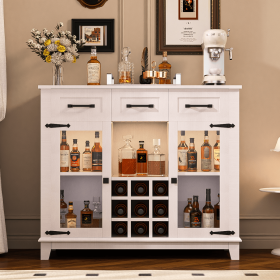 42" Modern Farmhouse Sideboard Buffet Coffee Bar Cabinet Storage Cabinet with LED Charging Station, Wine & Glass Rack,3 Drawers, for Kitchen