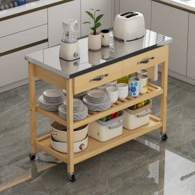 Stainless Steel Countertop Solid Wood Kitchen Cart with Storage Drawers and Shelves, Rotatable Kitchen Island with Steel Table Top and Tower Rack