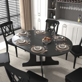 Dining Table for Farmhouse Kitchen 59x43 Inch Expandable Oval Table Top with Removable Leaf Trestle X Shaped Base Black