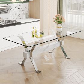 Dining table. Modern tempered glass dining table. Large modern office desk with silver plated metal legs and MDF crossbars