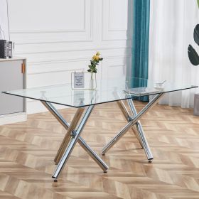 Large Modern Minimalist Rectangular Glass Dining Table for 6-8 with 0.39" Tempered Glass Tabletop and Silver Chrome Metal Legs