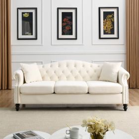 [Video] 79" Chesterfield Sofa Beige Velvet for Living Room, 3 Seater Sofa Tufted Couch with Rolled Arms and Nailhead for Living Room, Bedroom, Office