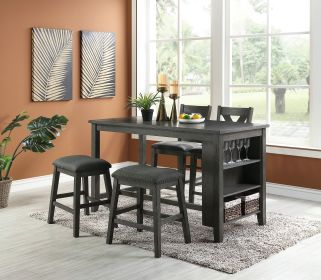 Modern Gray Finish 5pc Counter Height High Dining Table w Storage Shelves High Chairs And Stools Wooden Kitchen Breakfast Table Dining Room Furniture