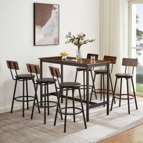 Pub High Dining Table 7 Piece Set, Industrial Style Pub Table, 6 PU Leather Bar Chairs for Kitchen Breakfast Table, Living Room, Bar, Rustic Brown