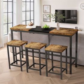 Modern Design Kitchen Dining Table, Pub Table, Long Dining Table Set with 3 Stools, Convenient Hanging Stool Design, Natural+Black