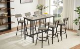 Pub High Dining Table 7 Piece Set, Industrial Style Pub Table, 6 PU Leather Bar Chairs for Kitchen Breakfast Table, Living Room, Bar, Rustic Grey