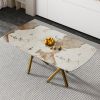 A modern minimalist rectangular dining table with a 0.39-inch Imitation marble patterned glass tabletop and gold-plated metal legs