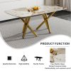 A modern minimalist rectangular dining table with a 0.39-inch Imitation marble patterned glass tabletop and gold-plated metal legs