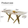 A modern minimalist rectangular dining table with a 0.39-inch Imitation marble patterned glass tabletop and gold-plated metal legs