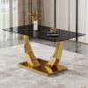 Modern minimalist rectangular glass dining table, 0.4 "thick, black sticker glass tabletop, gold plated metal legs. Used in kitchens, restaurants