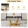 Modern minimalist rectangular glass dining table, 0.4 "thick, black sticker glass tabletop, gold plated metal legs. Used in kitchens, restaurants