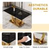 Modern minimalist rectangular glass dining table, 0.4 "thick, black sticker glass tabletop, gold plated metal legs. Used in kitchens, restaurants