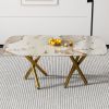 A modern minimalist rectangular dining table with a 0.39-inch Imitation marble patterned glass tabletop and gold-plated metal legs