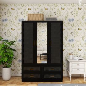 Wooden Armoire Wardrobe Closet with 3 Doors Hanging Rods 4 Drawers Shelves Large Capacity Clothes Storage Cabinet Organization for Bedroom Black 47.24