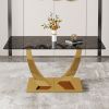 Modern minimalist rectangular glass dining table, 0.4 "thick, black sticker glass tabletop, gold plated metal legs. Used in kitchens, restaurants