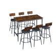 Pub High Dining Table 7 Piece Set, Industrial Style Pub Table, 6 PU Leather Bar Chairs for Kitchen Breakfast Table, Living Room, Bar, Rustic Brown