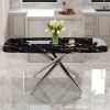 Large modern minimalist rectangular dining table with 0.39 "imitation marble black tabletop and silver metal legs, suitable for kitchen, dining room