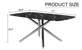 Large modern minimalist rectangular dining table with 0.39 "imitation marble black tabletop and silver metal legs, suitable for kitchen, dining room