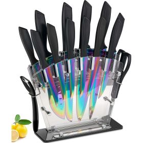 Knife Set, 16 Pieces Rainbow Titanium Coating Cutlery Set No Rust Knife Block with Serrated Steak Knives