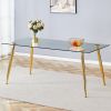 Modern rectangular glass dining table, suitable for 4-6 people, with tempered glass countertop and gold metal legs, writing desk, suitable for kitchen