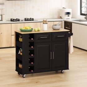 Multi-Functional Kitchen Island Cart with 2 Door Cabinet and Two Drawers,Spice Rack, Towel Holder, Wine Rack, and Foldable Rubberwood Table Top (Color: Black)