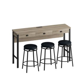 3-Drawer Long Dining Table Set with Power Outlets, Bar Kitchen Table Set with Circular PU Stools, Easy Assemble (Color: Black)