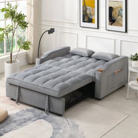 Modern Velvet Loveseat Futon Sofa Couch w/Pullout Bed,Small Love Seat Lounge Sofa with adjustable Reclining Backrest,Toss Pillows, Pockets (Color: Light Gray)