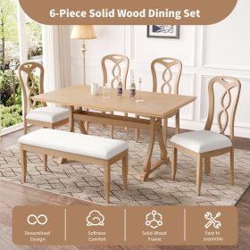 Retro 6-Piece Trestle Dining Table Set with Upholstered Dining Chairs and Dining Bench, Smooth Dining Backs for Dining Room, Living Room, Kitchen (Material: Rubber Wood, Color: Natural+Beige)