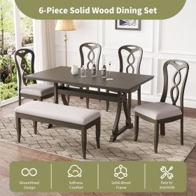 Retro 6-Piece Trestle Dining Table Set with Upholstered Dining Chairs and Dining Bench, Smooth Dining Backs for Dining Room, Living Room, Kitchen (Material: Rubber Wood, Color: Gray)