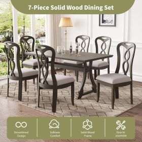 Retro 7-Piece Trestle Dining Table Set with Upholstered Dining Chairs, Smooth Dining Backs for Dining Room, Living Room, Kitchen (Material: Rubber Wood, Color: Gray)