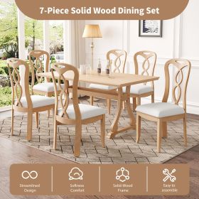 Retro 7-Piece Trestle Dining Table Set with Upholstered Dining Chairs, Smooth Dining Backs for Dining Room, Living Room, Kitchen (Material: Rubber Wood, Color: Natural+Beige)