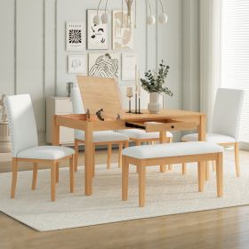 Farmhouse 6-Piece Dining Table Set with Storage Table, Kitchen Table Set with Drawer, Storable Bench and Upholstered Dining Chairs (Material: Solid Wood, Color: Beige)