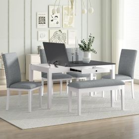 Farmhouse 6-Piece Dining Table Set with Storage Table, Kitchen Table Set with Drawer, Storable Bench and Upholstered Dining Chairs (Material: Solid Wood, Color: Gray)