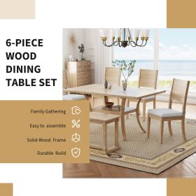 6-Piece Wood Dining Table Set with Storage Shelf and Curved Legs, Kitchen Table Set with Bench and 4 Removable Cushions Dining Chairs (Material: Rubber Wood, Color: Beige+Natural)