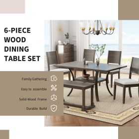 6-Piece Wood Dining Table Set with Storage Shelf and Curved Legs, Kitchen Table Set with Bench and 4 Removable Cushions Dining Chairs (Material: Rubber Wood, Color: Grey+Brown)