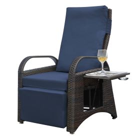 Outdoor Adjustable Wicker Recliner with Flip Table (Color: Navy Blue)