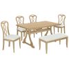 Retro 6-Piece Trestle Dining Table Set with Upholstered Dining Chairs and Dining Bench, Smooth Dining Backs for Dining Room, Living Room, Kitchen