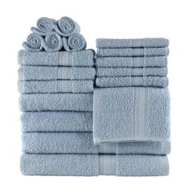 Basic Solid 18-Piece Bath Towel Set Collection (Color: Blue Shell)